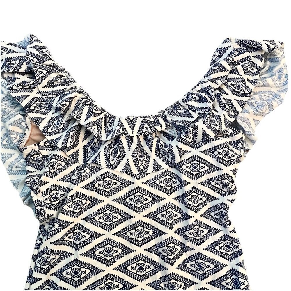 Tart Collections Women’s One Piece Swimsuit Size Small White Blue Ruffle - Picture 2 of 8